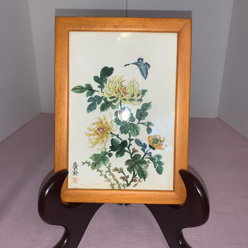Asian Water Color Picture With Flowers And Butterfly