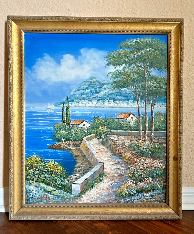 Rossini Style Oil Painting Mediterranean Cypress Sicily Lake Como Italy Framed