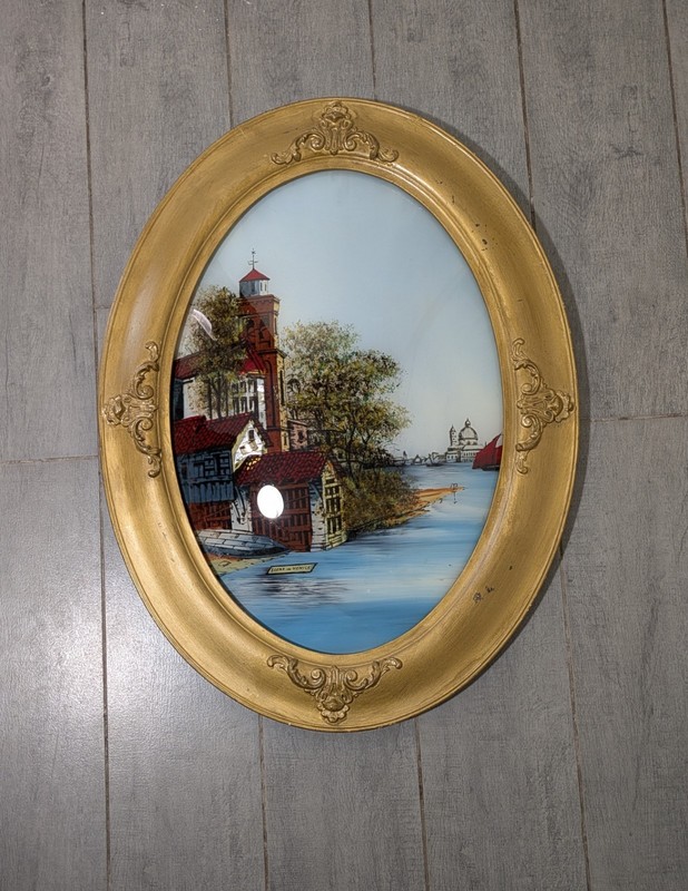 Vintage Convex Bubble Glass Reverse Painted Venice Italy Gold Gilt Oval Frame