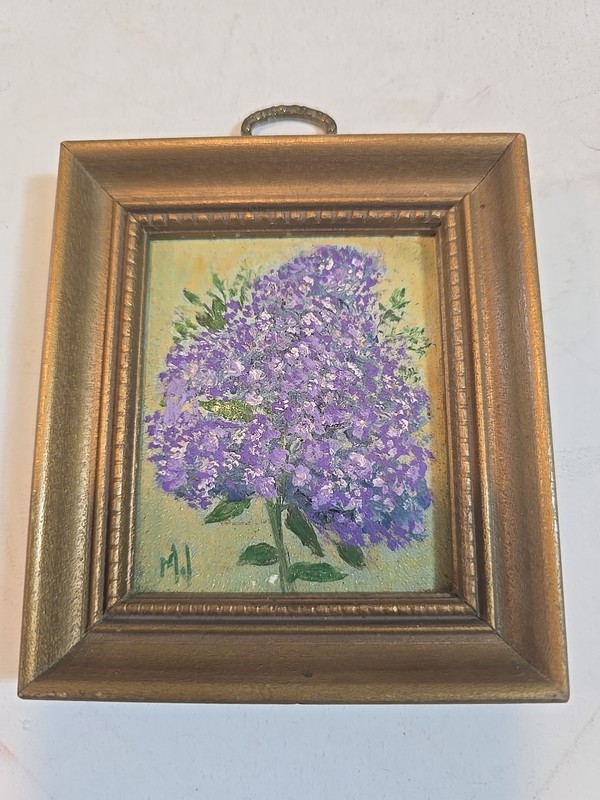 LOVELY FRAMED OIL ON BOARD PAINTING OF WHITE AND PURPLE LILACS SIGNED gallery