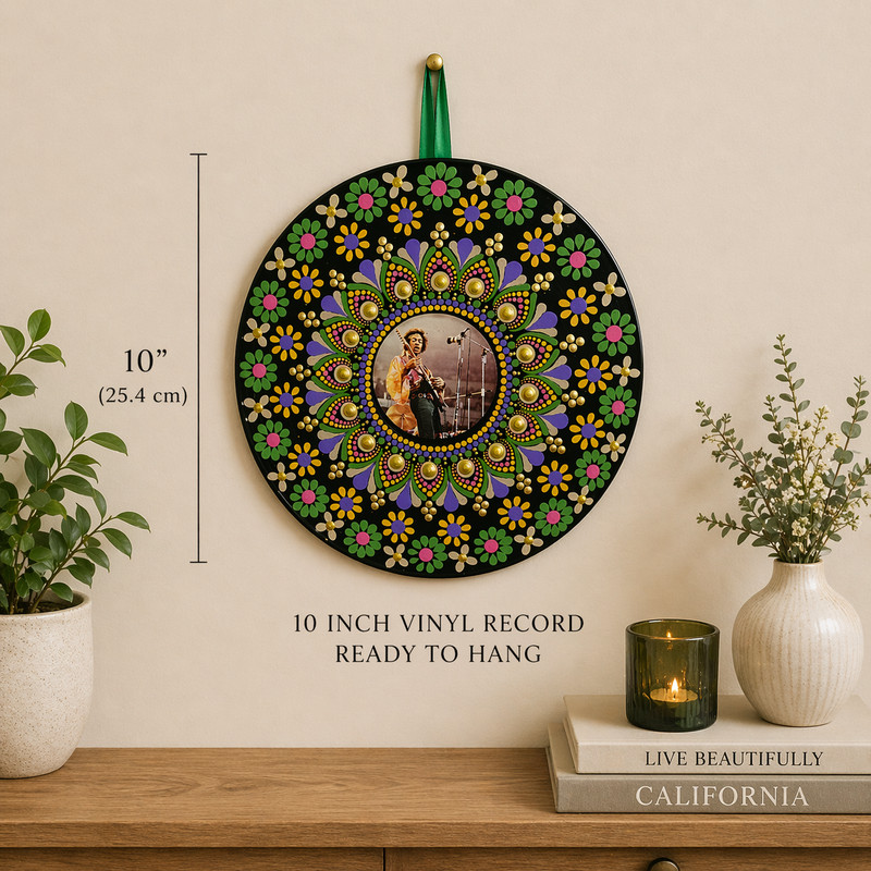 Jimi Hendrix Hand Painted Vinyl Record 10” Wall Decor Boho Psychedelic Mandala