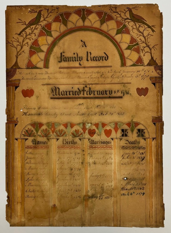 Antique FOLK ART PAINTED Family Record – CROSBY Putnam NEW YORK – Birds & Hearts