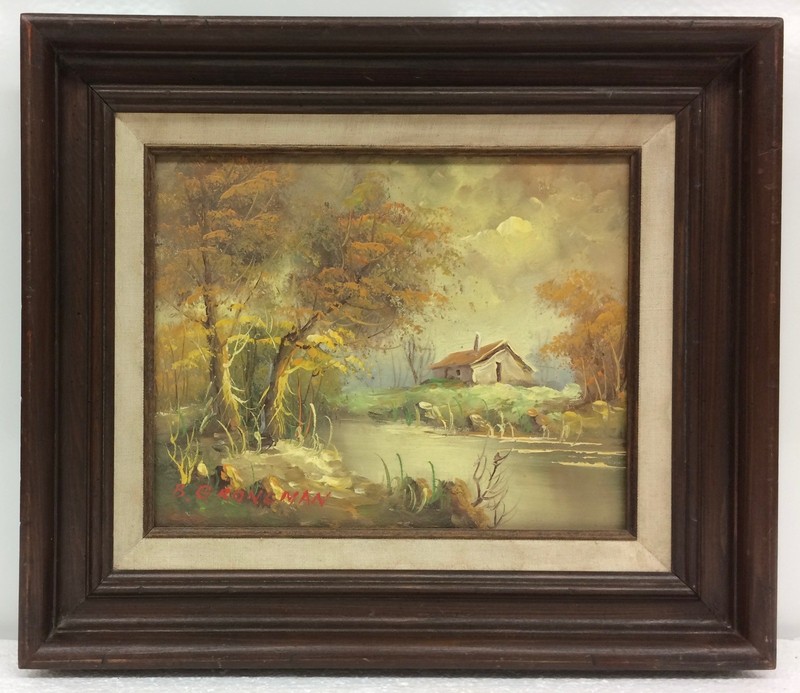 Vintage Autumn Cottage by the Lake 14×12″ Framed Art Painting by B. Groneman