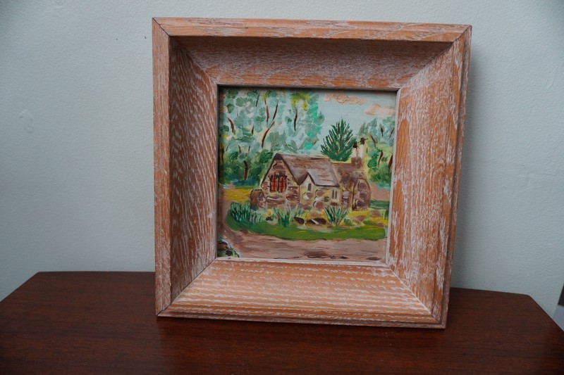 Vintage 1953 Ruth Jones Folk Art Stone House Painting Wood Framed Square Signed gallery