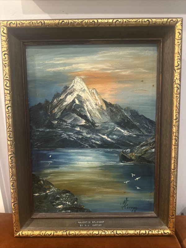 Vintage Oil Painting Mountain Sunset Water Birds. Artist Signature Wood Gold