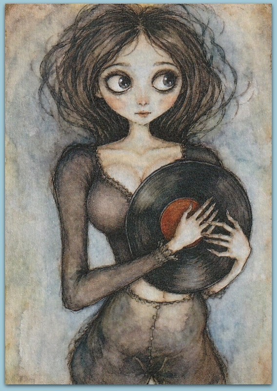 ACEO watercolor painting – retro vinyl sexy girl woman surreal