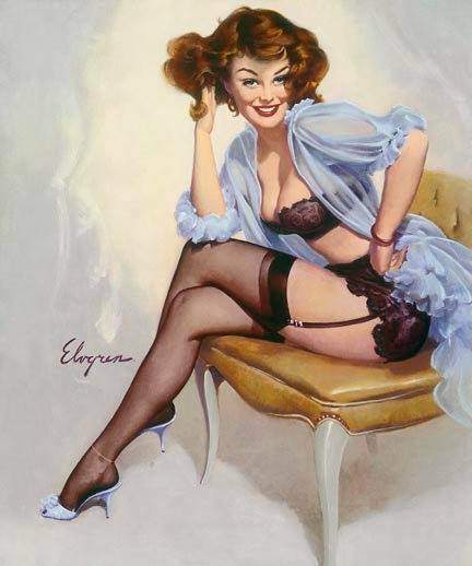 Gil ELVGREN Pinup WELL SEATED Original Painting LINGERIE Pin-Up Garter Stockings