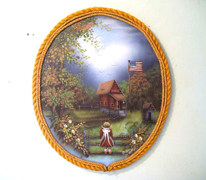 R E Dawson, Oil On Board Painting Child & 1840s Era Flag & School House