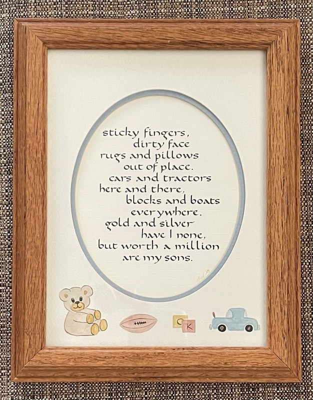 MOTHER OF BOYS CALLIGRAPHY FRAMED WATERCOLOR ART RUTH JOY 1989 ORIGINAL MONTANA