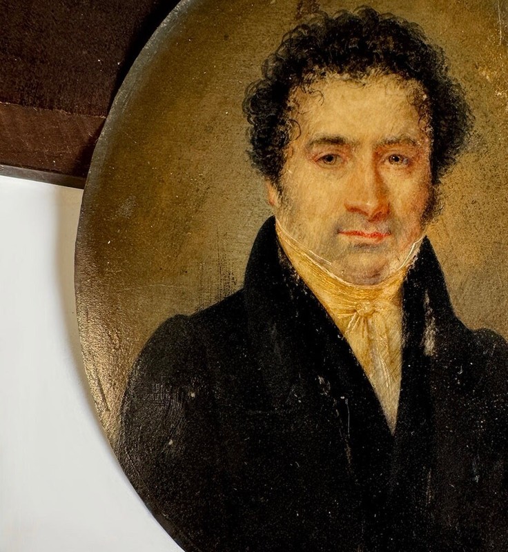 Antique French c.1830 Portrait Miniature, Handsome Gentleman, High Collar Jacket gallery