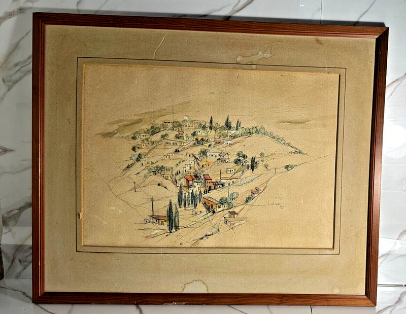 Vintage 1976 L. Alter Watercolor Artwork Safad Village Scene Framed Original Pai