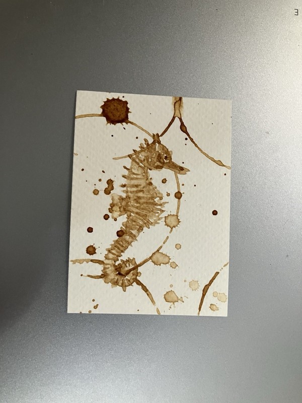 ORIGINAL Coffee Seahorse Painting ACEO Lover ATC Art Ocean Gift Artwork USA