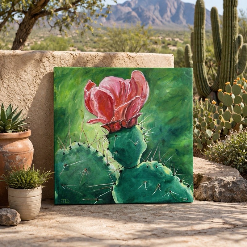 Cactus Flower Painting Desert Botanical Acrylic Canvas 20×20