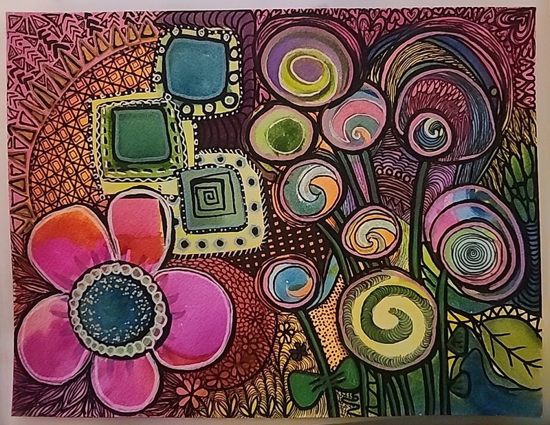 Lolli-Pop Flowers- Original Abstract Watercolor Painting W/ Ink Patterned Detail