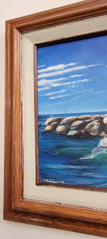 Vintage Original Acrylic On Wood Board Lighthouse/ Seascape Painting 17x14 gallery