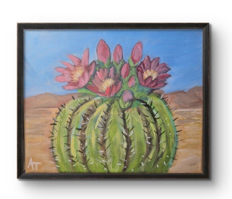 Original 8×10 Canvas Catus Bloom Impressionist Acrylic Painting Home Decor