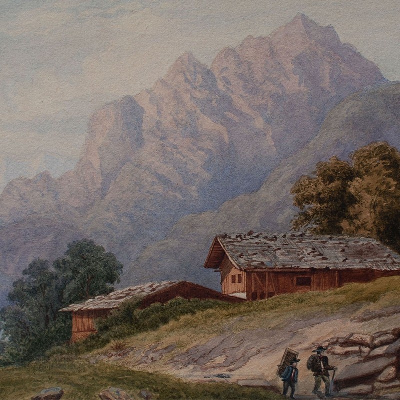 Romantic Mountain Landscape Mountains Mountain Lake Hikers Watercolour Monogram 19th Century