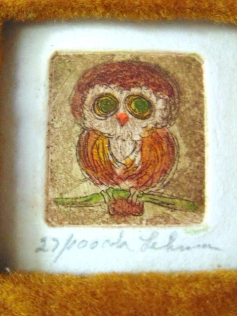 Vintage Framed Miniature Signed & Numbered Watercolor Lithograph, Big-Eyed OWL