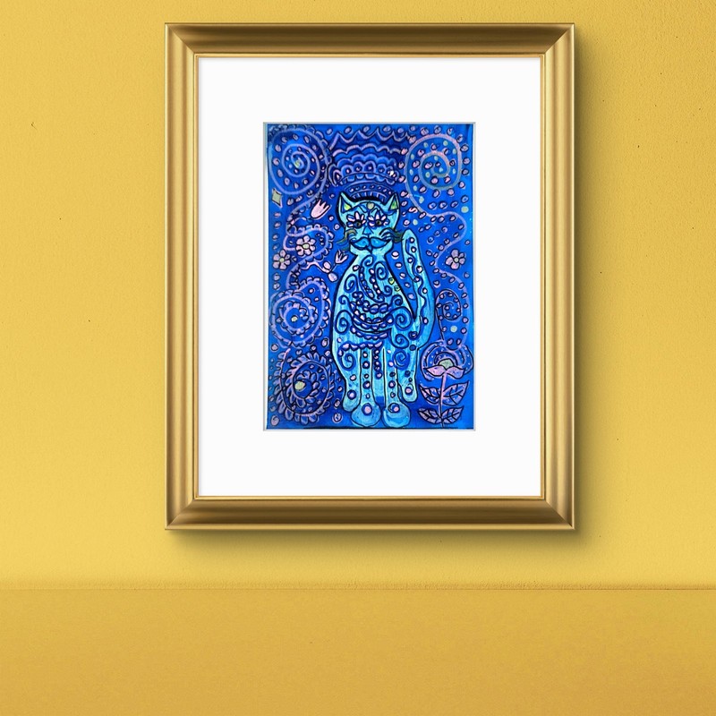 Mystical Cat Contemporary Expressionist Original Art Acrylic On Paper 9x6 Signed gallery