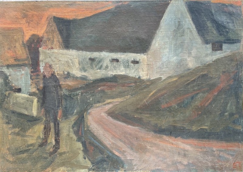 Modernist Ernst Trier 1920-1979 Evening Sky Village Landscape with Person 1945 gallery