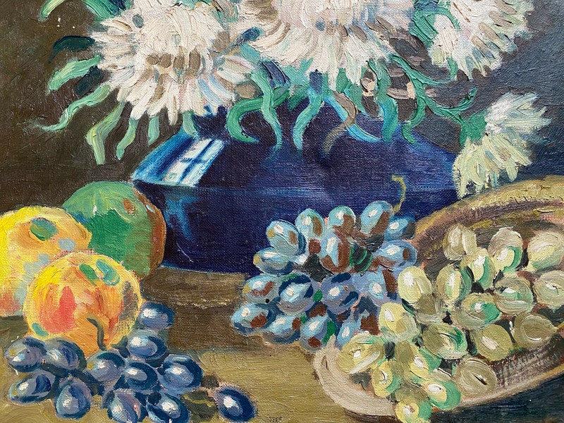 Oil painting signed Lucy 1924 still life flowers and fruits grapes apples gallery