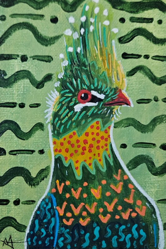 Original Hand Painted 6×4 Inch Canvas Stylized Green Bird w/ Patterns Wall Art