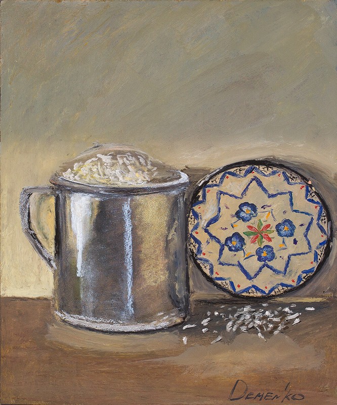 Metallic Cup Porcelain Plate Oil painting 8×9.6 in 20x24cm Still Life Realism