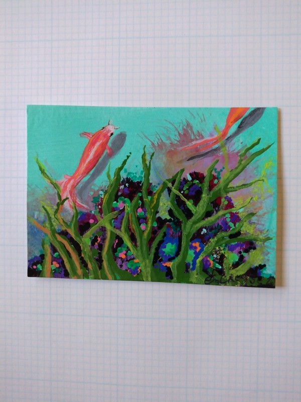 Koi Under The Sea, Acrylic Aceo Painting,Ooak, Original