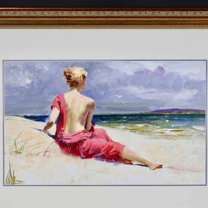 Italian American Pino Daeni 1939-2010 oil on artist board painting Lady on Beach gallery