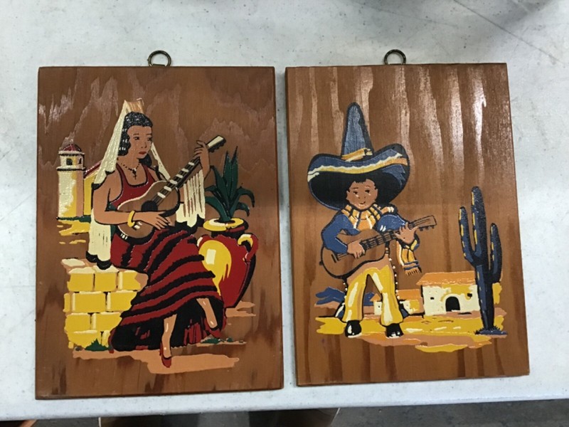 Mexican Marachi Senarita 1950’s OIL PAINTING ON 5 X 7 WOOD MADE IN USA