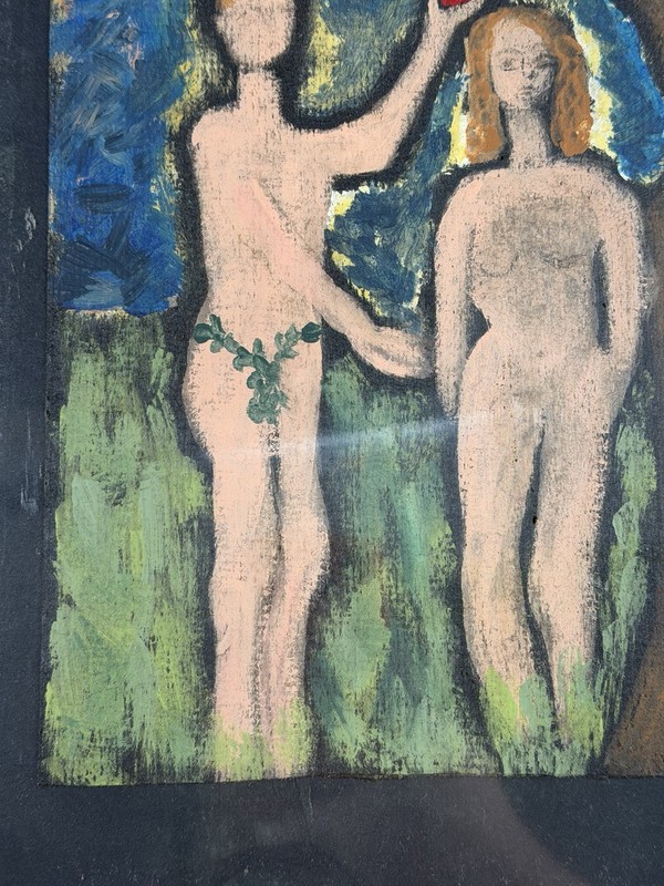 Sandra Pape Acrylic On Paper Painting 12x8” Adam & Eve Garden Of Eden Folk Art gallery