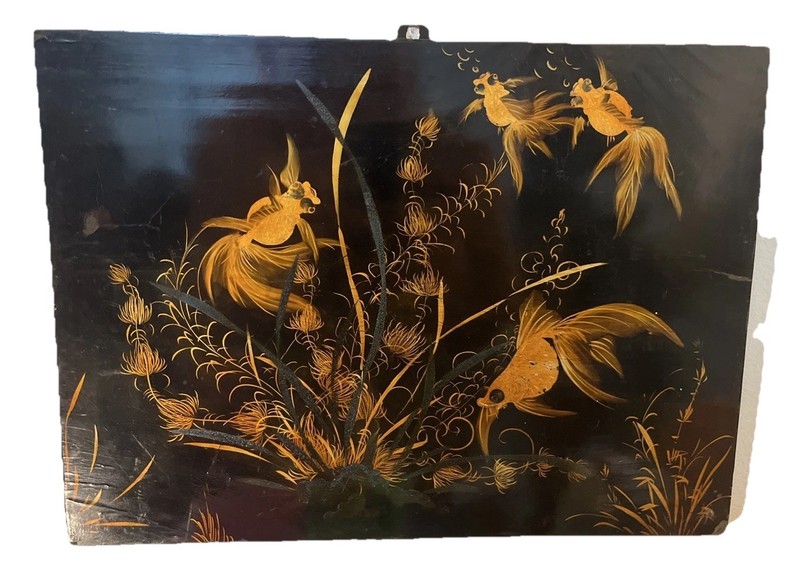 Vintage Vietnamese Black Lacquer Wood Panel Painted Gold Fish 15.75” X 11.5” 💥