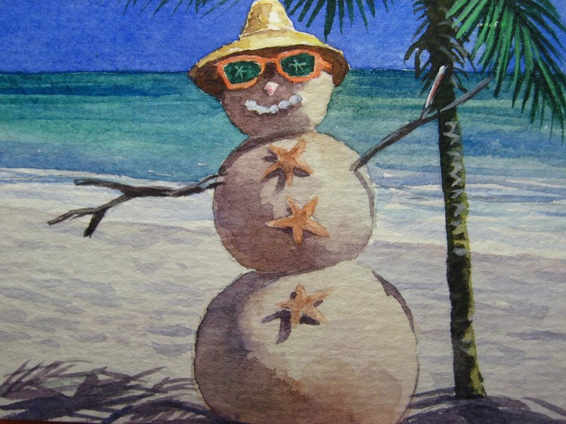 Watercolor Painting Sand Snowman Ocean Beach Palm Tree Nature ACEO Art