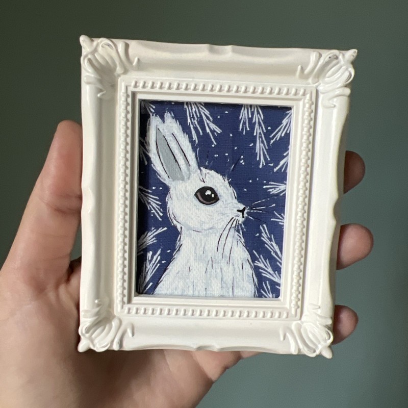 Print Of My Art Christmas Bunny Winter cute,miniature Painting,small, framed