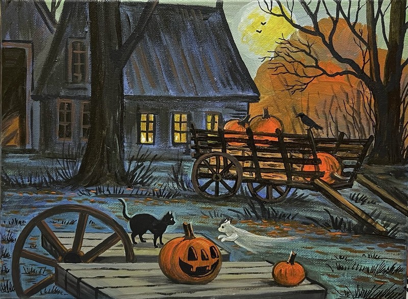 5×7 print of painting RYTA ART SALEM Black Cat Witch Haunted House Halloween