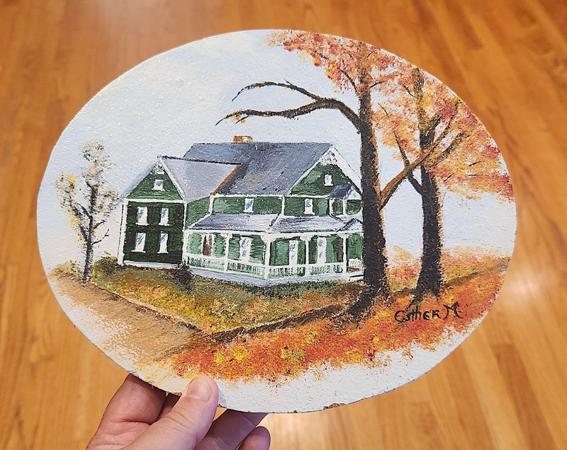 10×8 PAINTING OVAL GREEN WHITE 3-STORY OLD HOUSE~FALL TREES~SIGNED ESTHER M Art