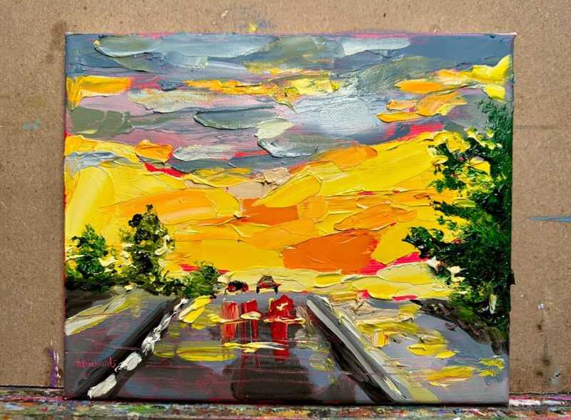 Oil painting ORIGINAL art Night sky rainy wet road car artwork Landscape 8x10" gallery