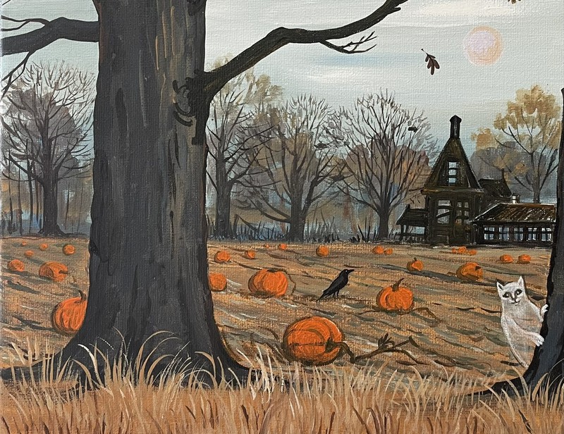 PRINT OF PAINTING RYTA HALLOWEEN BLACK CAT Folk Art house haunted Ghost 4×6 Farm