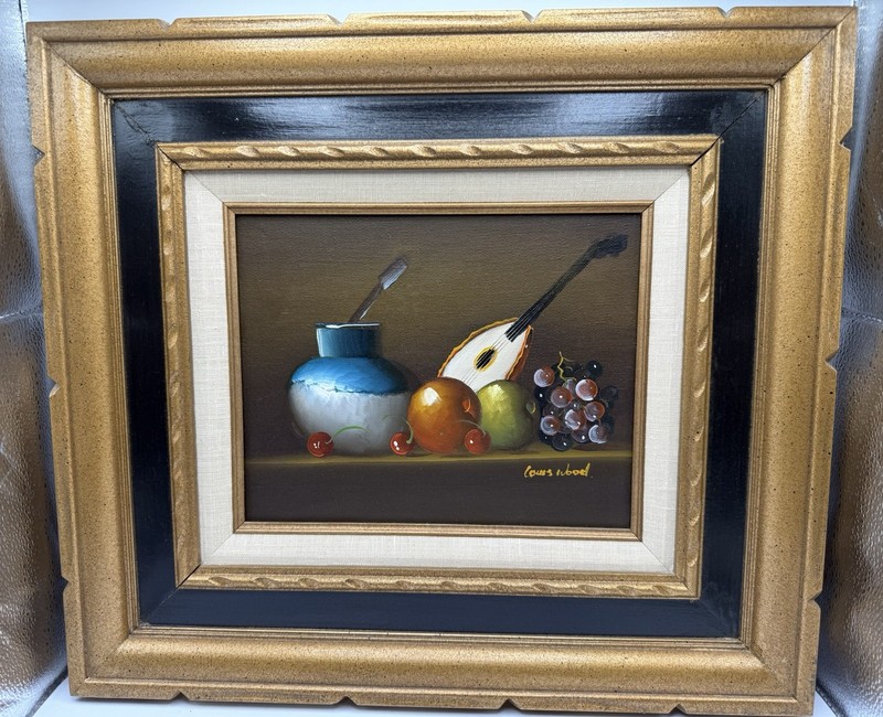 Original Signed Still Like Food & Lute & Vase Painting On Board Frame Art
