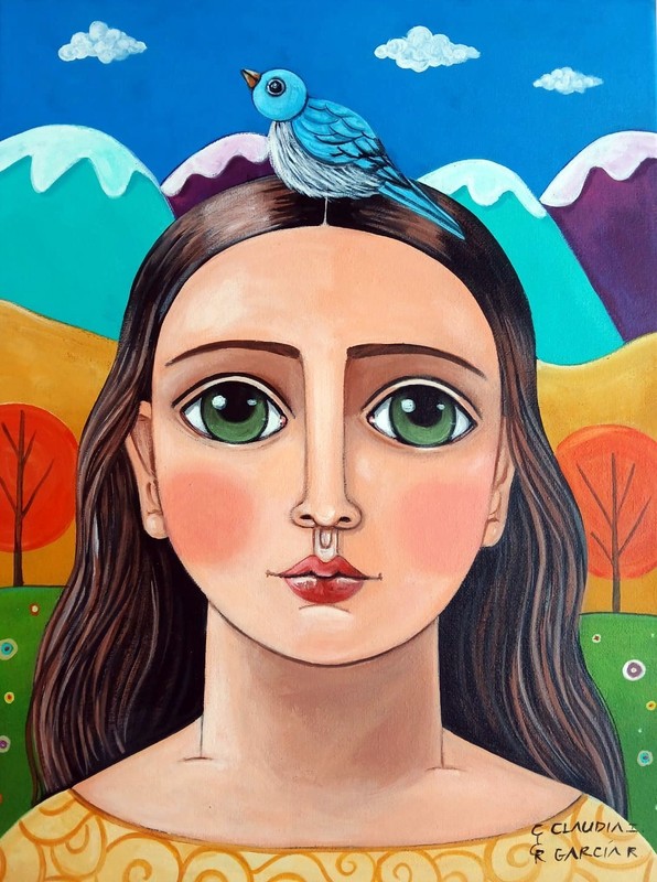 Mexican & Original Folk Art. «GIRL WITH BLUE BIRD». 12″x16″ Stretched Canvas