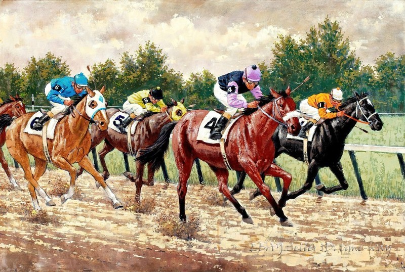 horse Racing Scene Oil painting Wall Decor Giclee Printed on canvas P2314