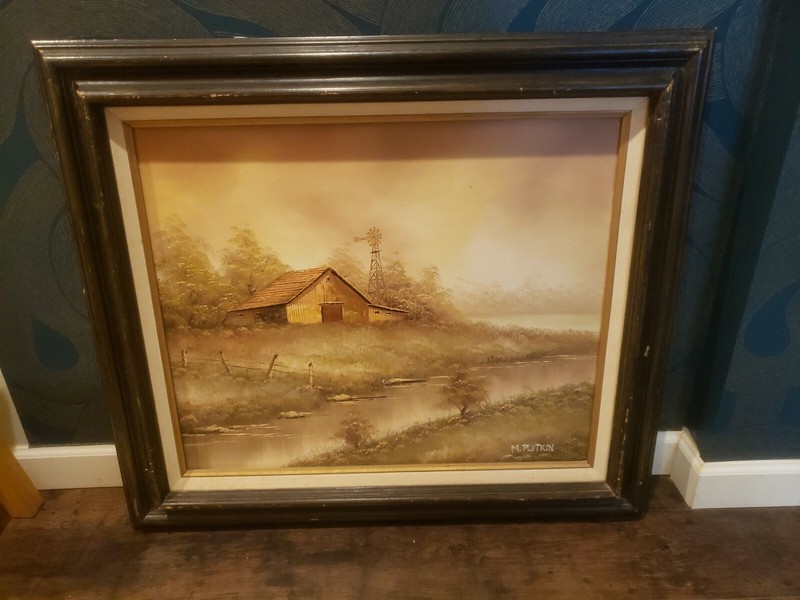 M. Plotkin Vintage Farm house Oil Painting. Canvas River Landscape Black frame