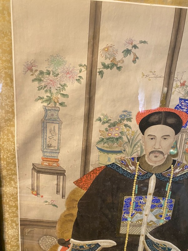 Huge Antique "Portrait of A Mandarin Court Official" Painting - Rosewood Frame gallery