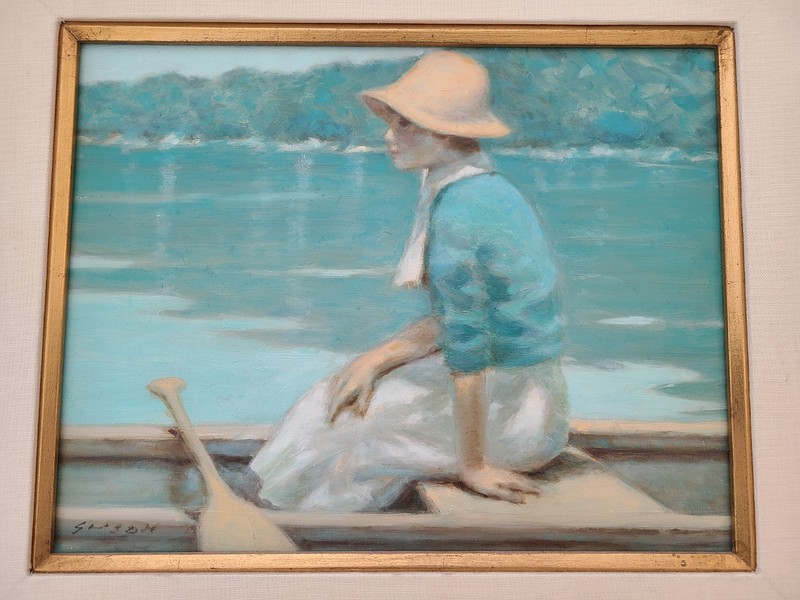 ANDRE GISSON Original Oil Painting, Woman In A Boat. Lovely Painting, Perfect! gallery