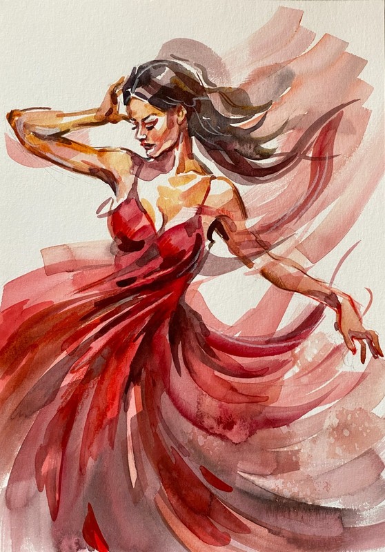 Hand made, Watercolor Drawing, Elegant Woman, Flamenco dance, 11 2/3 x 8 inches