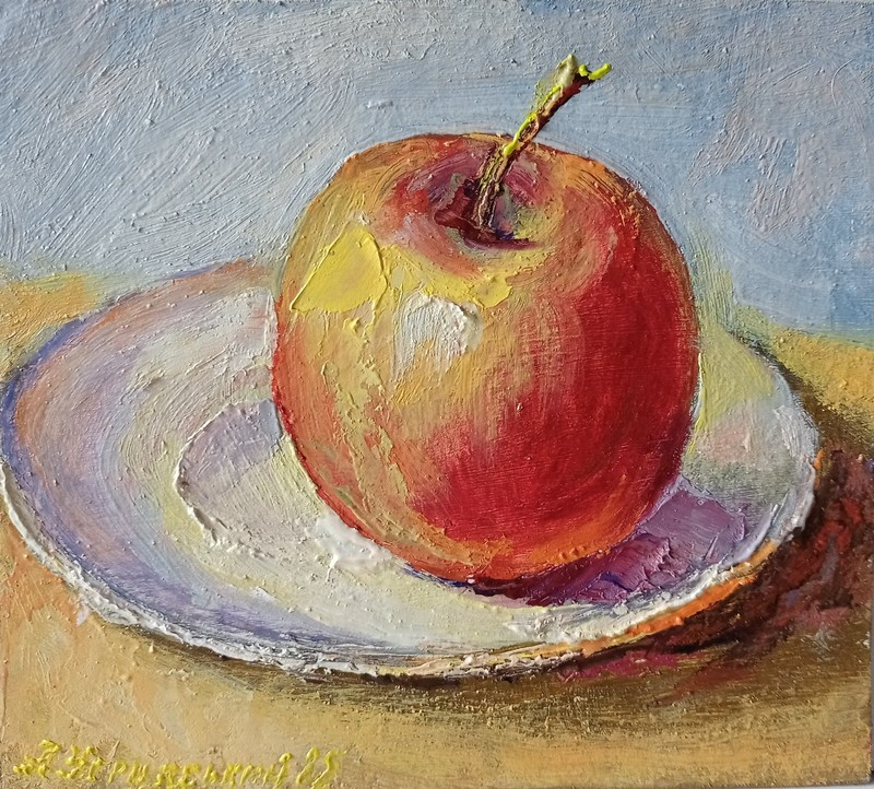 Apple Impasto Painting Original Art Impression Oil Painting 7 x 7.9 in