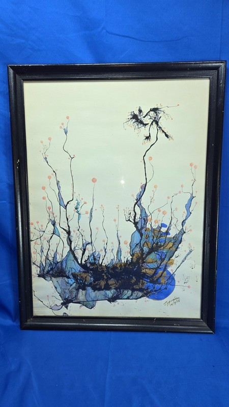 MCM 1975 Ink Watercolor Abstract Flowers Neuron Brain Art Root Plant Brutalist