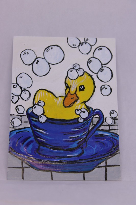 Original ACEO Duck in Teacup Acrylic Ink Art Card 3 of 4 OOAK