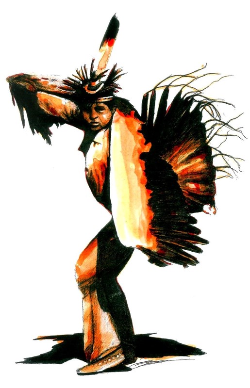 RUNNING EAGLE Native America Indian Eagle Ceremony Dance Pen Ink Drawing Apache