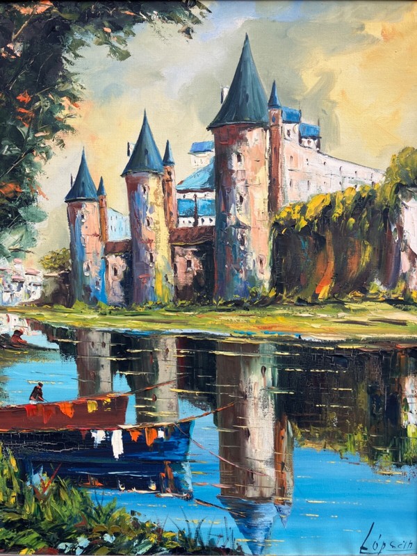 Antique Oil Painting Art Enchanted Medieval Castle on Lake Moat Signed Illegibly gallery